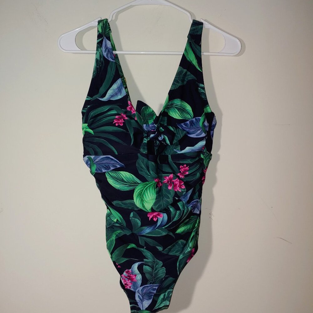 Kona Sol Full Coverage Tummy Control Tie-Front One Piece Swimsuit Size 14 Green